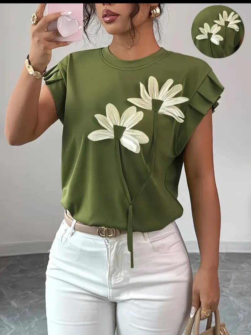 Camisa Mujer Flores 3D Verde T-XL