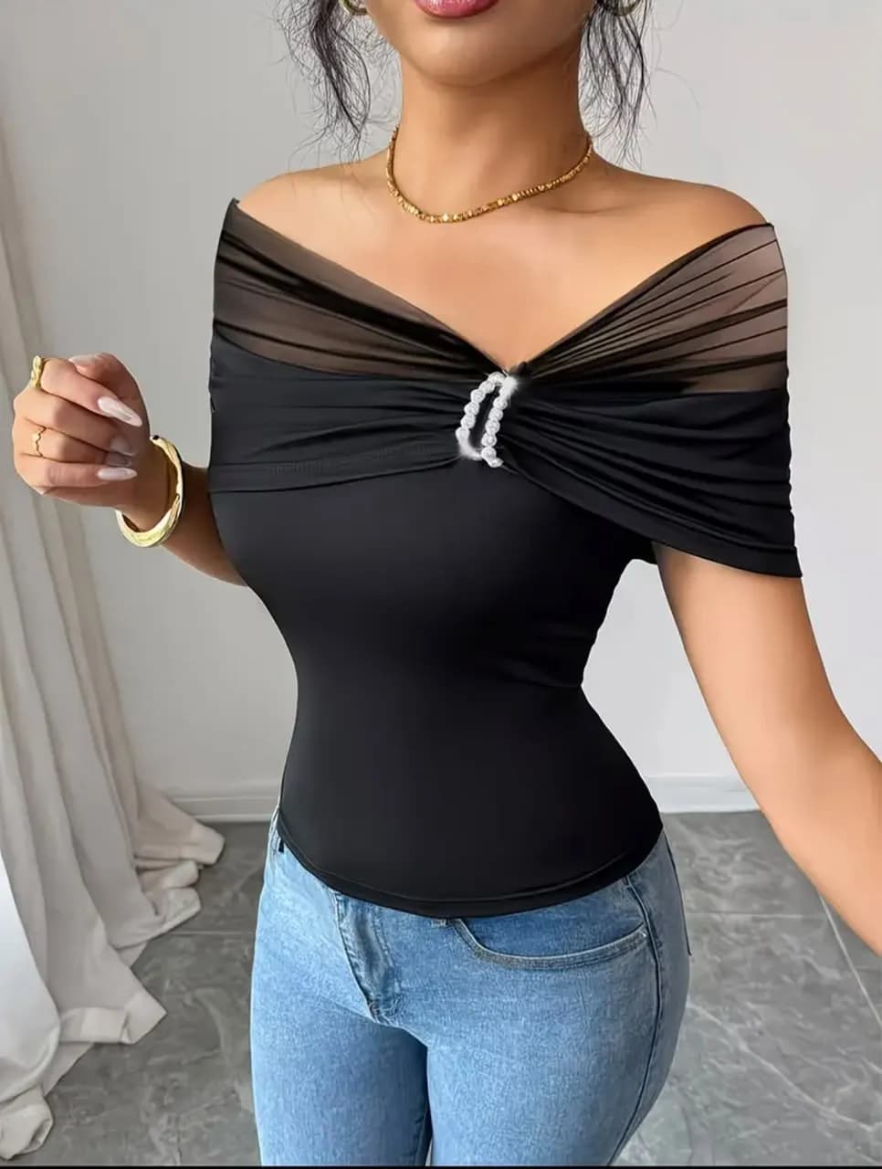 Blusa de Malla 1 Hombro Negro T-M